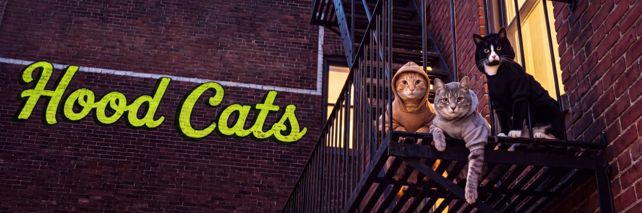 The three Hood Cats on a fire escape at dusk, next to a lime Hood Cats sign painted on the brick
